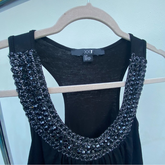 Y2K Forever 21 Black Ruffled Rhinestone Tank Top Size Small - Picture 3 of 5